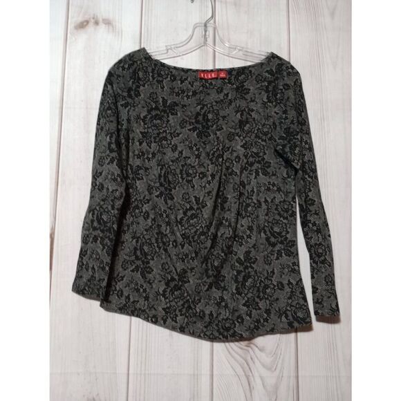 Elle‎ Shirt Ladies Extra Small Black Gray Floral Boat Neck Long Sleeve - Picture 1 of 8